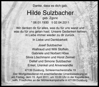 Traueranzeige von Hilde Sulzbacher von Tageszeitung