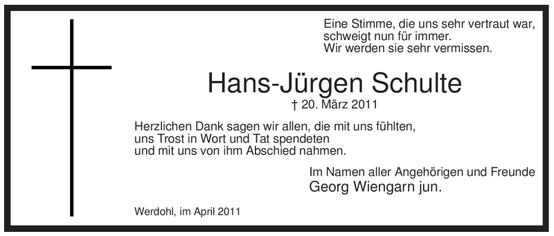  Traueranzeige für Hans-Jürgen Schulte vom 30.04.2011 aus Tageszeitung