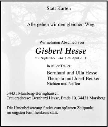 Traueranzeige von Gisbert Hesse von Tageszeitung
