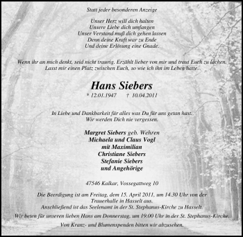 Traueranzeige von Hans Siebers von Tageszeitung