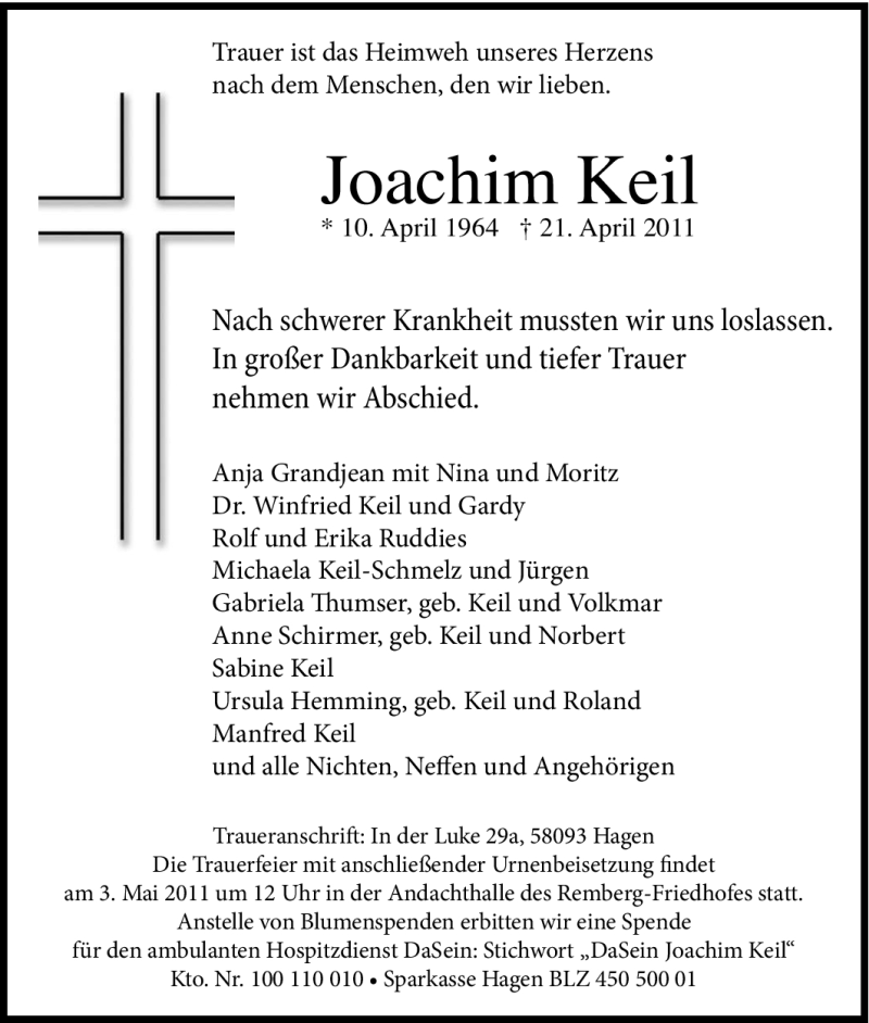  Traueranzeige für Joachim Keil vom 29.04.2011 aus Tageszeitung