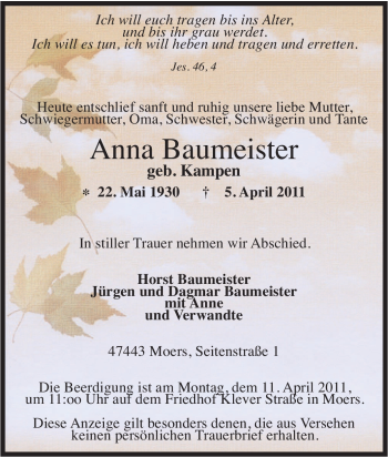 Traueranzeige von Anna Baumeister von Tageszeitung