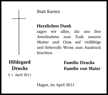 Traueranzeige von Hildegard Drucks von Tageszeitung