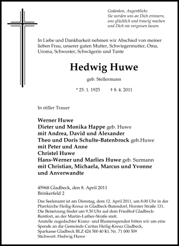 Traueranzeige von Hedwig Huwe von Tageszeitung