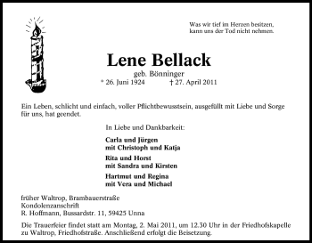Traueranzeige von Lene Bellack von Tageszeitung