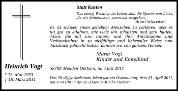 Traueranzeige von Heinrich Vogt von Tageszeitung