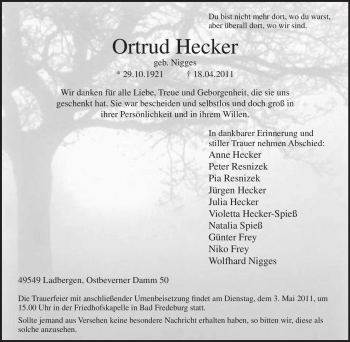 Traueranzeige von Ortrud Hecker von Tageszeitung