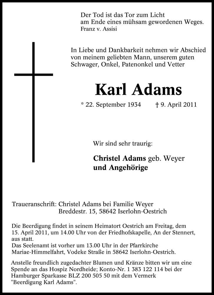  Traueranzeige für Karl Adams vom 13.04.2011 aus Tageszeitung