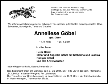 Traueranzeige von Anneliese Göbel von Tageszeitung