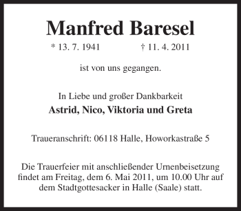 Traueranzeige von Manfred Baresel von Tageszeitung