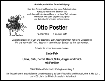 Traueranzeige von Otto Postler von Tageszeitung