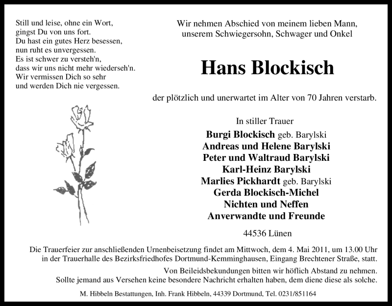  Traueranzeige für Hans Blockisch vom 30.04.2011 aus Tageszeitung