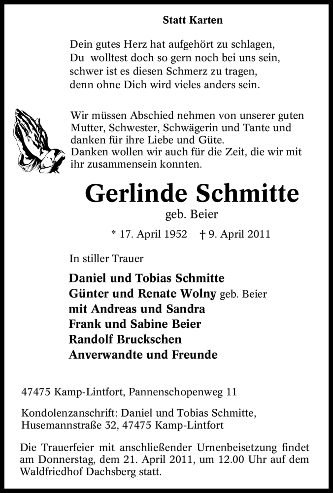  Traueranzeige für Gerlinde Schmitte vom 13.04.2011 aus Tageszeitung