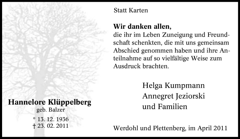  Traueranzeige für Hannelore Küppelberg vom 02.04.2011 aus Tageszeitung