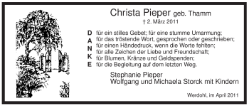 Traueranzeige von Christa Pieper von Tageszeitung