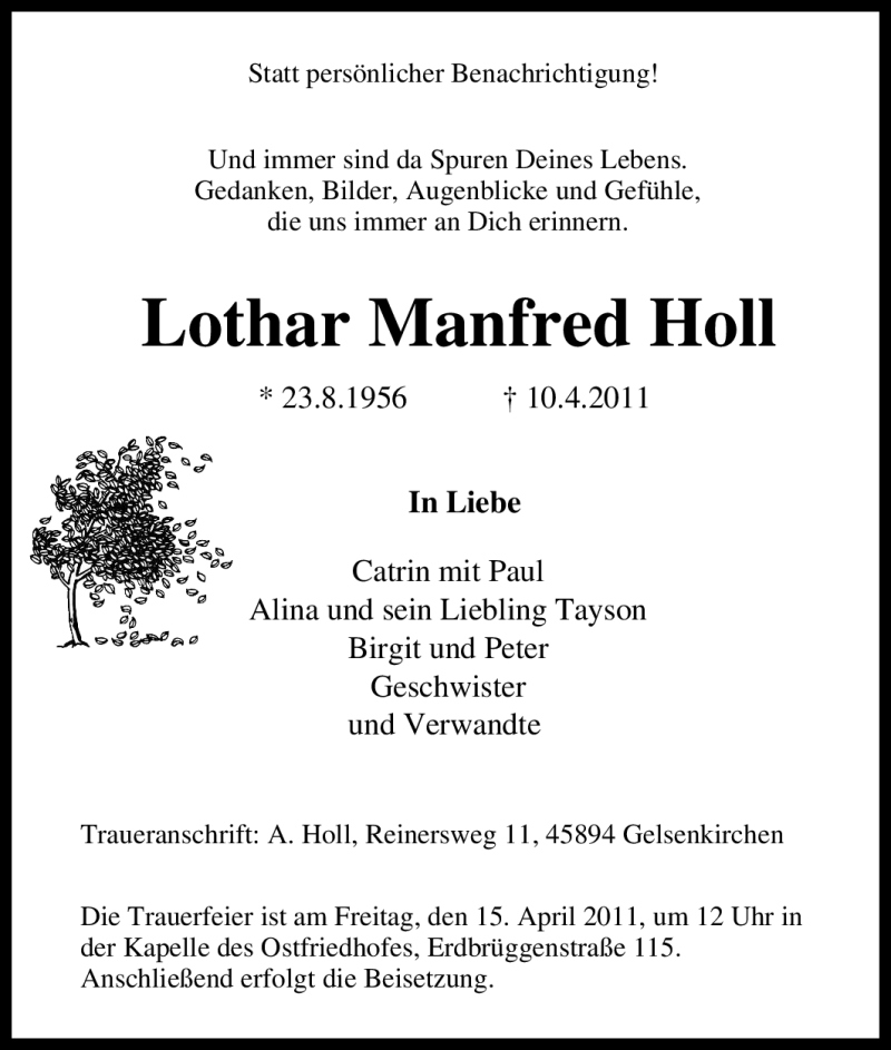  Traueranzeige für Lothar Manfred Holl vom 13.04.2011 aus Tageszeitung