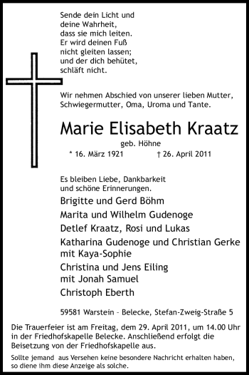 Traueranzeige von Marie Elisabeth Kraatz von Tageszeitung