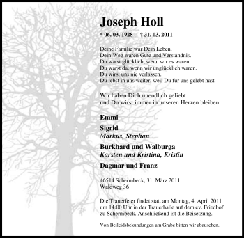 Traueranzeige von Joseph Holl von Tageszeitung