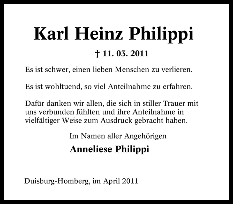  Traueranzeige für Karl Heinz Philippi vom 29.04.2011 aus Tageszeitung