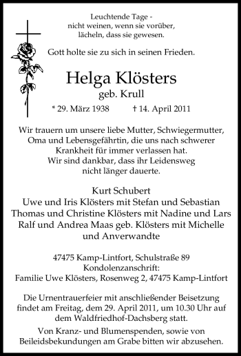 Traueranzeige von Helga Klösters von Tageszeitung