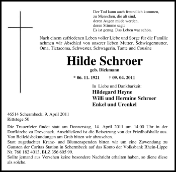 Traueranzeige von Hilde Schroer von Tageszeitung