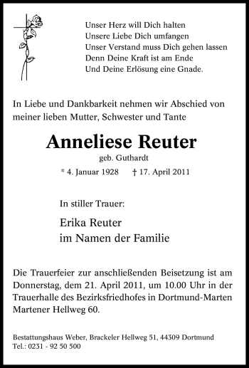 Traueranzeige von Anneliese Reuter von Tageszeitung