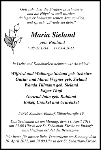 Traueranzeige von Maria Sieland von Tageszeitung