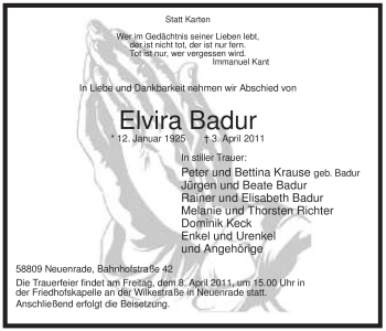 Traueranzeige von Elvira Badur von Tageszeitung