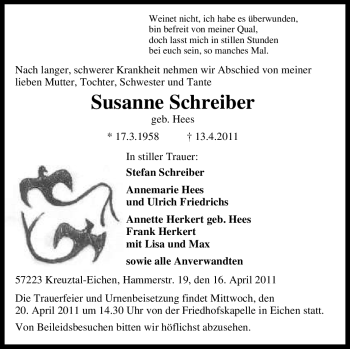 Traueranzeige von Susanne Schreiber von Tageszeitung