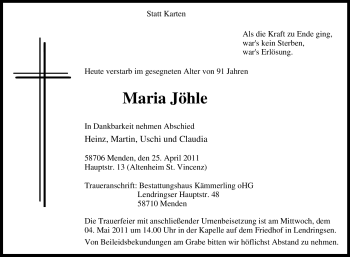Traueranzeige von Maria Jöhle von Tageszeitung