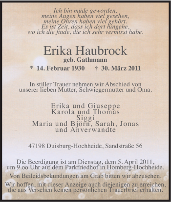 Traueranzeige von Erika Haubrock von Tageszeitung