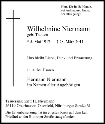 Traueranzeige von Wilhelmine Niermann von Tageszeitung