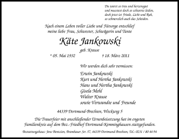 Traueranzeige von Käte Jankowski von Tageszeitung
