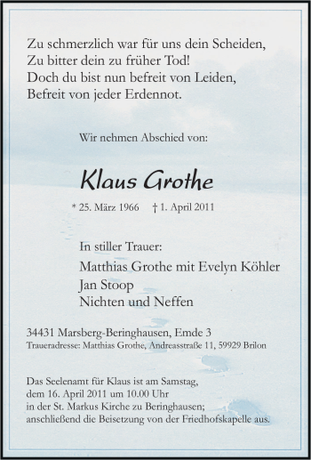 Traueranzeige von Klaus Grothe von Tageszeitung