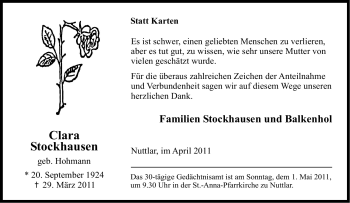 Traueranzeige von Clara Stockhausen von Tageszeitung