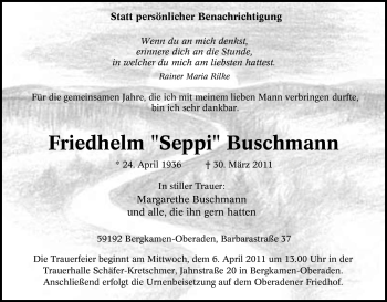 Traueranzeige von Friedhelm Buschmann von Tageszeitung