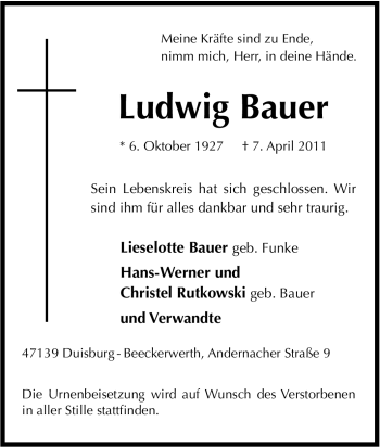 Traueranzeige von Ludwig Bauer von Tageszeitung