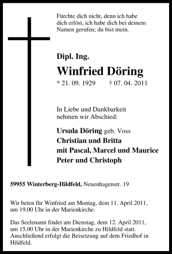 Traueranzeige von Winfried Döring von Tageszeitung