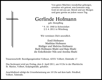 Traueranzeige von Gerlinde Hofmann von Tageszeitung