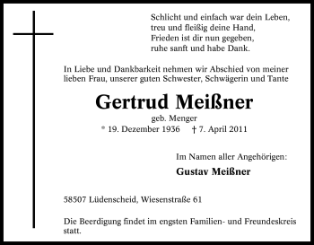Traueranzeige von Gertrud Meißner von Tageszeitung