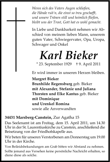 Traueranzeige von Karl Bieker von Tageszeitung