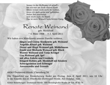 Traueranzeige von Renate Weinand von Tageszeitung