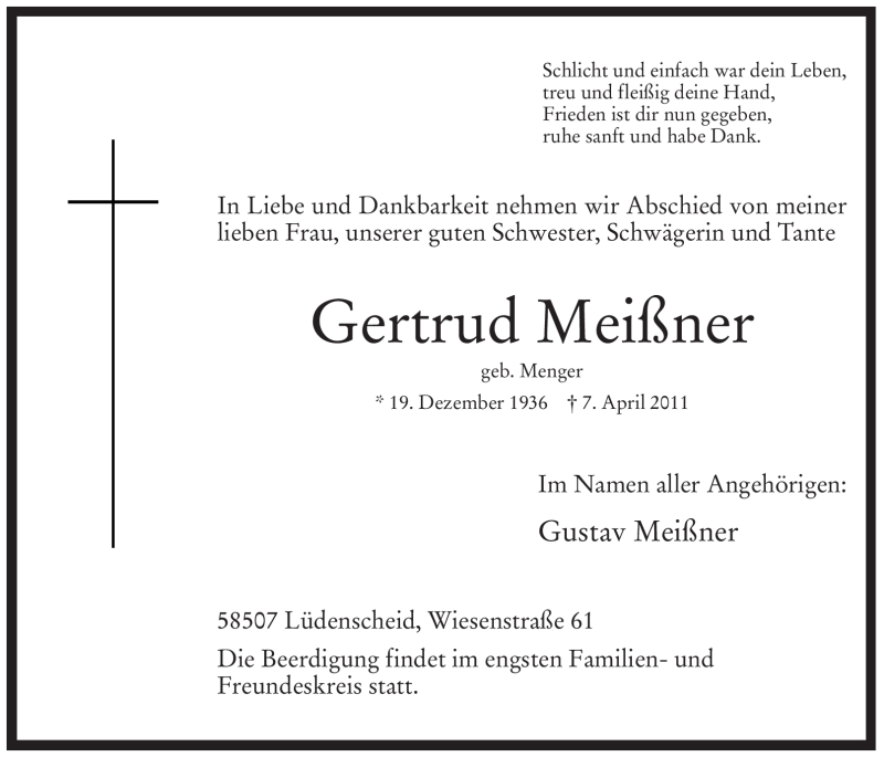  Traueranzeige für Gertrud Meißner vom 11.04.2011 aus Tageszeitung