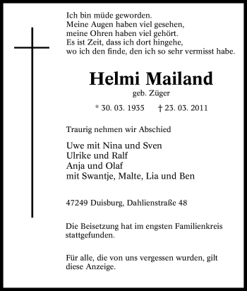Traueranzeige von Helmi Mailand von Tageszeitung