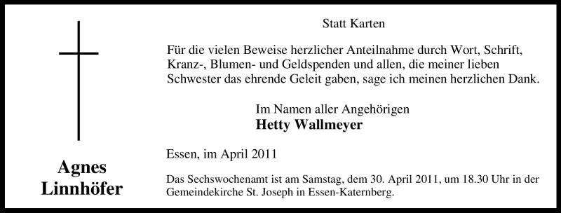  Traueranzeige für Agnes Linnhöfer vom 13.04.2011 aus Tageszeitung