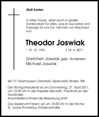Traueranzeige von Theodor Joswiak von Tageszeitung