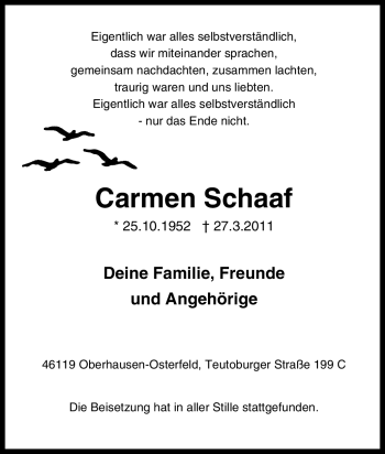 Traueranzeige von Carmen Schaaf von Tageszeitung