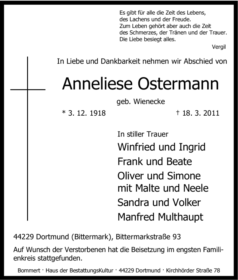 Traueranzeigen Von Anneliese Ostermann Trauer In Nrwde 5068