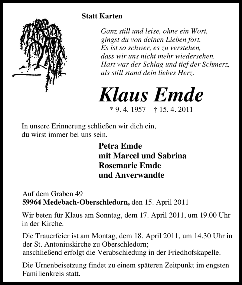  Traueranzeige für Klaus Emde vom 16.04.2011 aus Tageszeitung