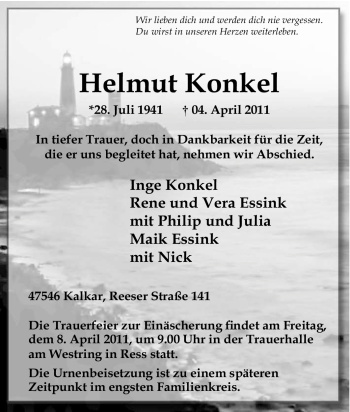 Traueranzeige von Helmut Konkel von Tageszeitung